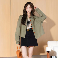 唐狮（TonLion）2025春女复古宽松工装长袖衬衫 XL  灰黄绿 