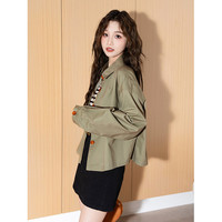唐狮（TonLion）2025春女复古宽松工装长袖衬衫 M  灰黄绿 