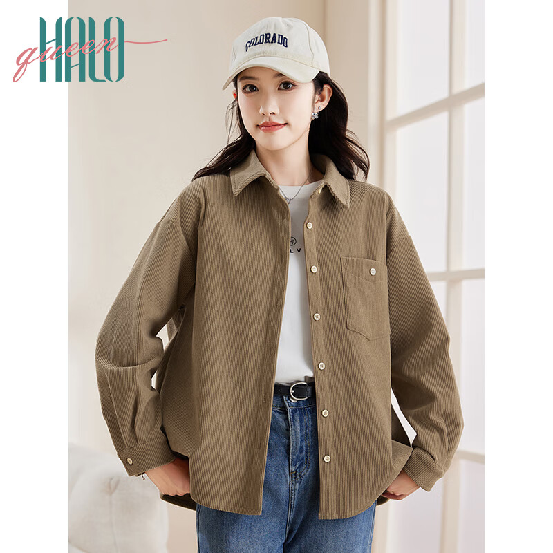 Halo Queen厚长袖衬衫女灯芯绒秋冬加绒口袋通勤百搭时尚衬衣上衣外套