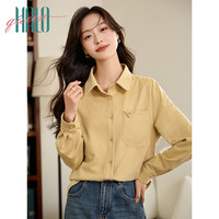 Halo Queen厚长袖衬衫女秋冬磨毛口袋时尚百搭休闲衬衣 浅黄 M