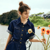 Olrain欧芮儿短袖牛仔连衣裙夏季女装收腰显瘦薄款通勤裙子 牛仔蓝