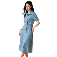 初申夏季短袖牛仔连衣裙女复古时尚设计感收腰显瘦休闲裙子S143Q1437