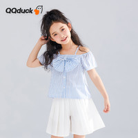 可可鸭（QQ DUCK）童装儿童衬衫女童衬衣夏季短袖竖条纹上衣大童衣服 (K蝴蝶结)蓝色 165CM