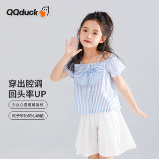 可可鸭（QQ DUCK）童装儿童衬衫女童衬衣夏季短袖竖条纹上衣大童衣服 (K蝴蝶结)蓝色 130CM