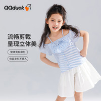 可可鸭（QQ DUCK）童装儿童衬衫女童衬衣夏季短袖竖条纹上衣大童衣服 (K蝴蝶结)蓝色 160CM