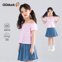 可可鸭（QQ DUCK）童装儿童衬衫女童衬衣夏季短袖竖条纹上衣大童衣服 (K蝴蝶结)粉色 140CM