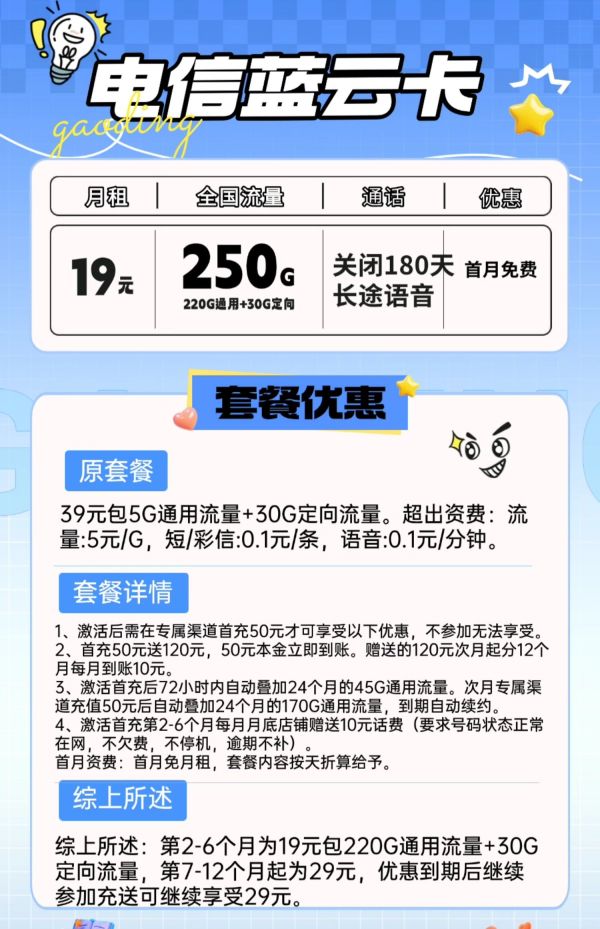 中国电信 蓝云卡 19元月租(250G全国流量不限速)
