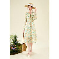 秋水伊人黄色小碎花长袖连衣裙春季女气质V领显瘦中长裙 黄色 S