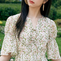 秋水伊人V领飞飞袖印花初恋雪纺连衣裙夏新款女装气质款裙子 花料