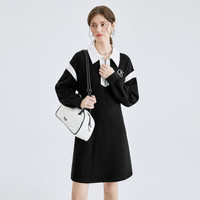 秋水伊人翻领学院风卫衣连衣裙春季女装显瘦百搭裙子 黑色 L