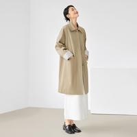 2024秋装撞色条纹拼接袖H版型树脂扣女式中长直筒风衣外套