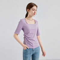 秋水伊人 设计感方领正肩T恤夏季女修身弹力显瘦短袖上衣 紫色 M
