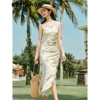 红袖国风缎面气质连衣裙春季2024新款女装高端精致抽褶独特别致吊带裙 611