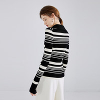秋水伊人气质翻领修身弹力针织开衫2024春季女条纹显瘦毛衣 黑色 M