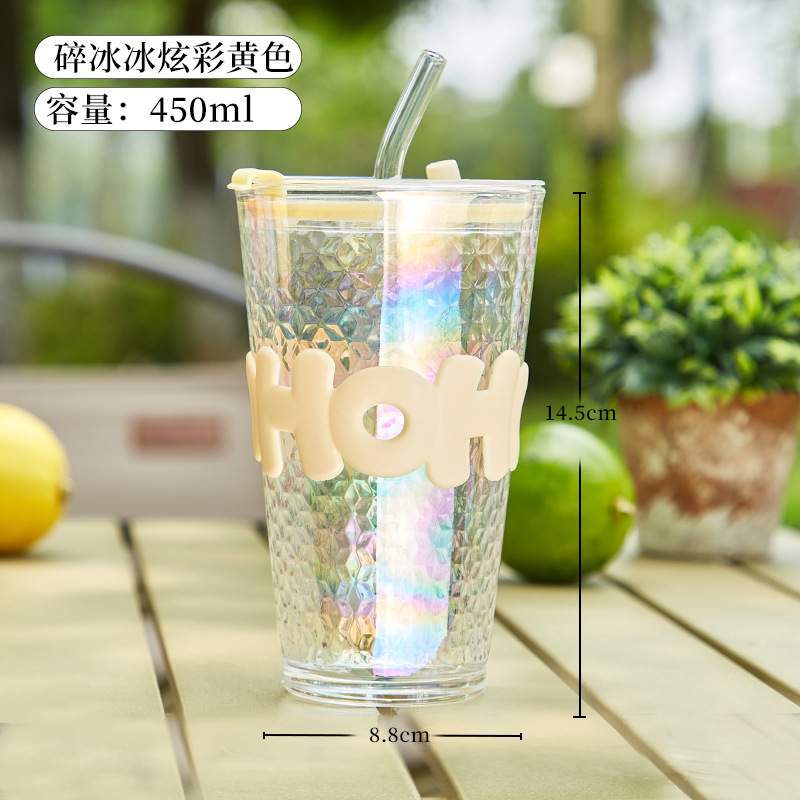 玻璃杯简约ins字母办公室双饮吸管杯 饮料杯子 玻璃吸管杯