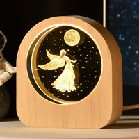 创之意 木质发光底座3d内雕水晶球创意小夜灯 小本钟 大天使