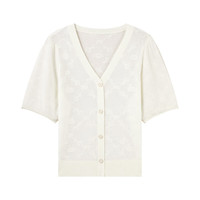 秋水伊人甜美百搭V领针织衫秋季女通勤短袖泡泡袖开衫 米白 M