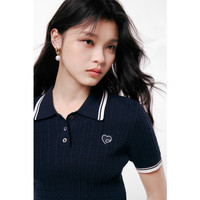 秋水伊人翻领撞色条纹纽扣门襟毛针织衫2025年夏季新款女休闲上衣