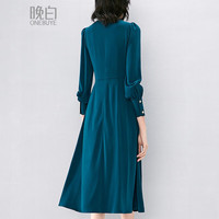 晚白【直降】修身长裙高腰纯色V领长袖通勤A摆连衣裙 蓝色 L