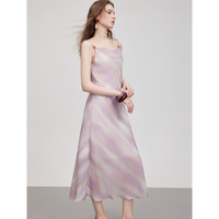 ELLE法式晕染荡领吊带连衣裙女2025夏季显瘦气质时髦优雅长裙 粉紫 M