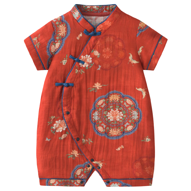 Shining Moment婴儿连体衣夏季百天宝宝衣服红色新生婴儿衣服男女薄款周岁中式 金玉满堂-短袖立领连体衣
