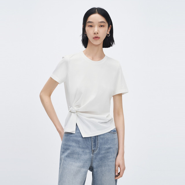 H'S 纯色复古扭结短袖夏季开叉设计显瘦套头T恤