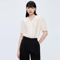 夏季泡泡袖宽松短袖娃娃领上衣女士雪纺衫衬衫