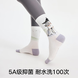 松山棉店女士中筒袜抗菌透气吸汗柔软亲肤国潮提花运动袜 亭台楼阁 1双 均码 （35-40码）