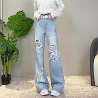 直筒牛仔裤女夏季薄款宽松阔腿蕾丝破洞显瘦小个子窄版拖地裤