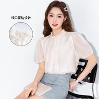 夏季女款透气立领泡泡袖甜美小衫设计感时尚气质百搭冰丝上衣