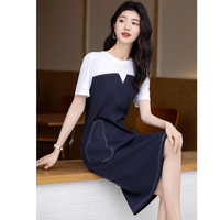 德玛纳(dme)【优雅秘籍】夏180G棉氨圆领V字拼接撞色贴袋中长女式连衣裙 藏青