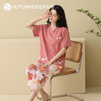 秋鹿女士睡衣纯棉夏季短袖七分裤休闲简约大码宽松全棉家居服套装 豆沙红 XL /身高165-170体重115-130