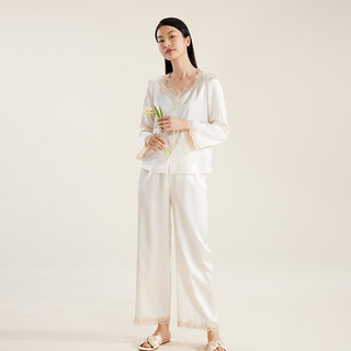 金三塔睡衣女真丝桑蚕丝方领蕾丝拼接可外穿长袖睡衣家居服YSFDC206 珍珠白8130 L