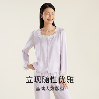 金三塔睡衣女真丝桑蚕丝方领蕾丝拼接可外穿长袖睡衣家居服YSFDC206 珍珠白8130 L
