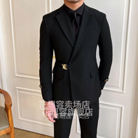 双排扣西装男套装单件韩版鹿三先生2022春季自制男士修身时尚黑色西服婚礼宴会西装个性潮流 黑色单西装 M单西装
