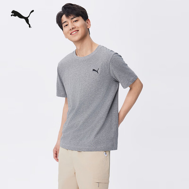 PUMA 纯棉纯色宽松短袖T恤男女款新款夏季运动上衣 690409 灰色-03