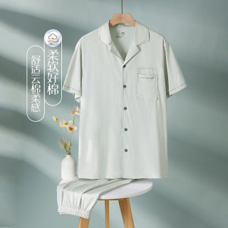 【纯棉翻领套装】家居服男士100%棉纯棉夏季薄款短袖睡衣套装