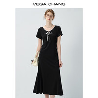 VEGA CHANG连衣裙女2025夏季新款休闲简约显瘦撞色蝴蝶结绑带长裙 显瘦黑（长款） S