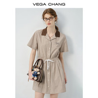 VEGA CHANG连衣裙女2025新款夏季设计感格纹撞色工装抽绳翻领长裙  连衣裙