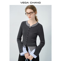 VEGA CHANG针织衫女2025春季新款叠穿高级感假三件圆领针织上衣 灰色拼接 M
