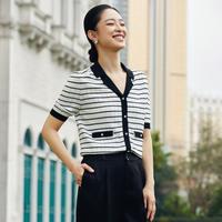 2024夏季曲珠纱拼色条纹衬衫针织衫短袖上衣