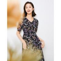 2024年夏季优雅女人味纱网V领法式连衣裙飘逸碎花裙子女