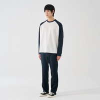 無印良品 MUJI（無印良品 ）男式 华夫格 圆领长袖T恤 男士打底衫男款AB11CC5S 藏青色×白色 M （170/92A）