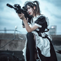 彩选女仆装大码长款男穿女装大佬洛丽塔动漫COS女佣服Cosplay女装欧版 短款黑白花边套装+袜子 XXL