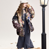 妖精的口袋狐狸印花短款立领羽绒服女2024冬休闲90白鸭绒外套 狐狸棕色 L