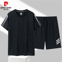 皮尔卡丹运动套装男士夏季速干短袖短裤跑步休闲宽松大码篮球训练服款 黑色 XL
