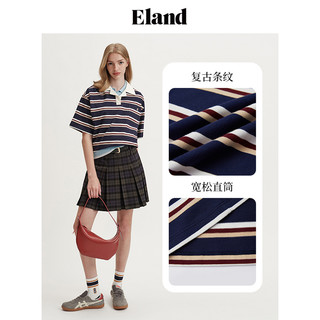 【100%棉】EIand衣恋短袖T恤女撞色POLO领宽松短款上衣夏 藏青色(59)Navy M/165