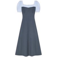 VEGA CHANG短袖连衣裙女2025年夏季新款假两件方领学院风撞色拼接收腰长裙子 （方领）