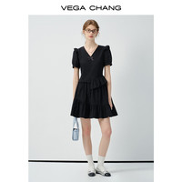 VEGA CHANG短袖连衣裙女夏2025新不规则下摆法式V领拼接修身短裙 曜石黑