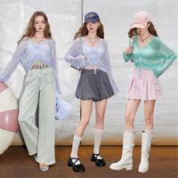 妖精的口袋v领渐变镂空针织衫女2024秋季抽绳设计罩衫空调衫 渐变蓝紫色 M